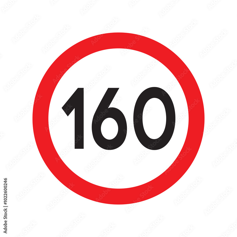 Speed limit 160 traffic sign. Restriction symbol for car drivers. Road speed limit maximum 160 kmh or mph isolated on white background. Vector illustration. Speed limit 160 traffic sign. Restriction symbol for car drivers. Road speed limit maximum 160 kmh or mph isolated on white background. Vector illustration.