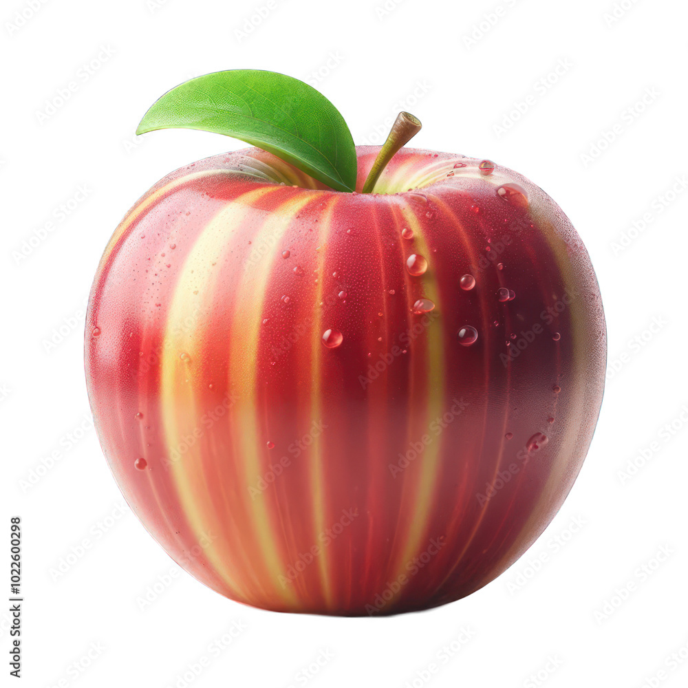 Striped red apple with water droplets isolated on white background. Realistic fruit illustration for design and print Striped red apple with water droplets isolated on white background. Realistic fruit illustration for design and print