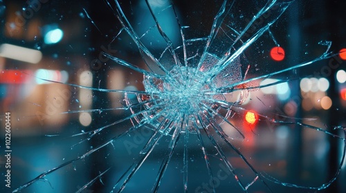 Broken glass with city lights. A blurry view of a city at night, viewed through a cracked window.