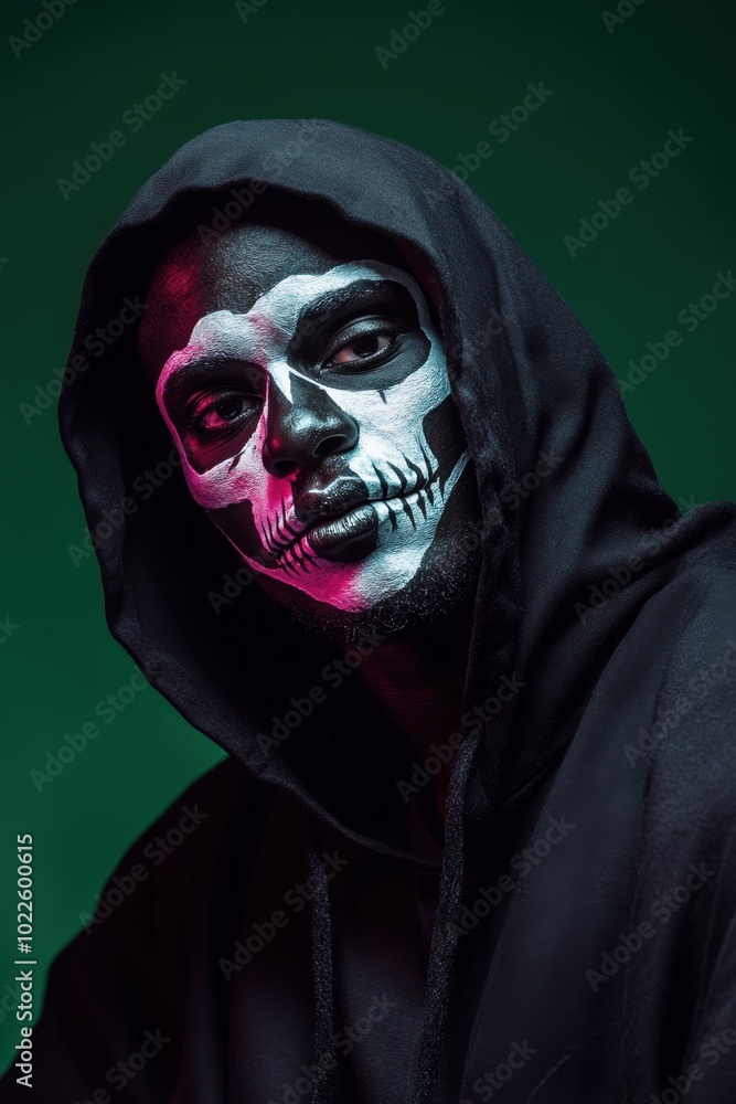 Portrait of an African American man with skeleton face paint, wearing a black hooded robe, copy space in the middle, in a neon green and deep purple studio background, Halloween theme, spooky Portrait of an African American man with skeleton face paint, wearing a black hooded robe, copy space in the middle, in a neon green and deep purple studio background, Halloween theme, spooky