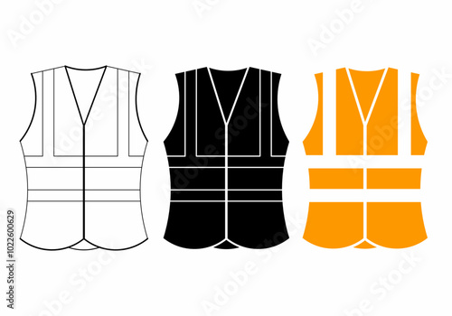 A high-visibility clothing waistcoat vest icon silhouette features a sleeveless design with reflective strips, emphasizing safety. Set against a white background, it stands out clearly.