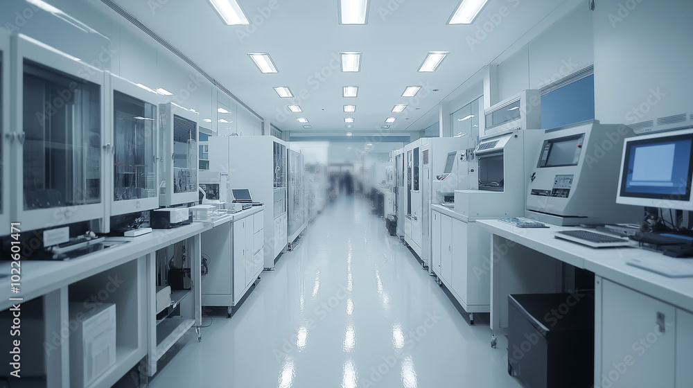 Electronics lab, Clean production room. Manufacture line of industrial electronic components. Electronics lab, Clean production room. Manufacture line of industrial electronic components.