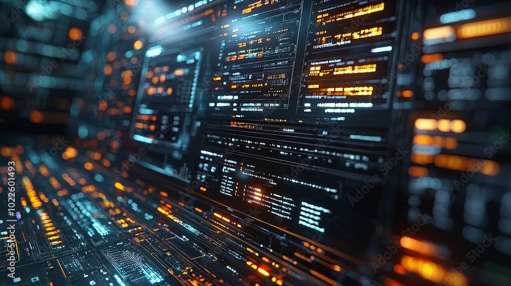 A futuristic digital interface with glowing data panels and interconnected elements. A futuristic digital interface with glowing data panels and interconnected elements.