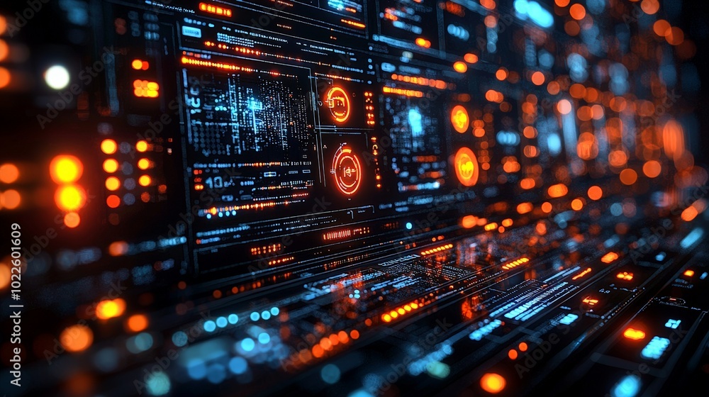A futuristic digital interface with glowing elements and data displays. A futuristic digital interface with glowing elements and data displays.