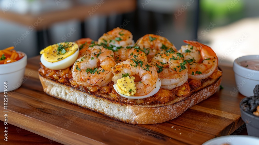 Un generoso sándwich abierto cubierto con camarones y mitades de huevo cocido, decorado con perejil fresco y servido sobre una tabla de madera.
Un generoso sándwich abierto cubierto con camarones y mitades de huevo cocido, decorado con perejil fresco y servido sobre una tabla de madera.