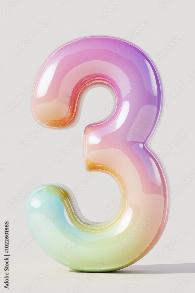 A playful 3D front view of the number 3 with smooth rounded edges and bright pastel colors, evoking fun and learning, perfect for childrens educational tools.