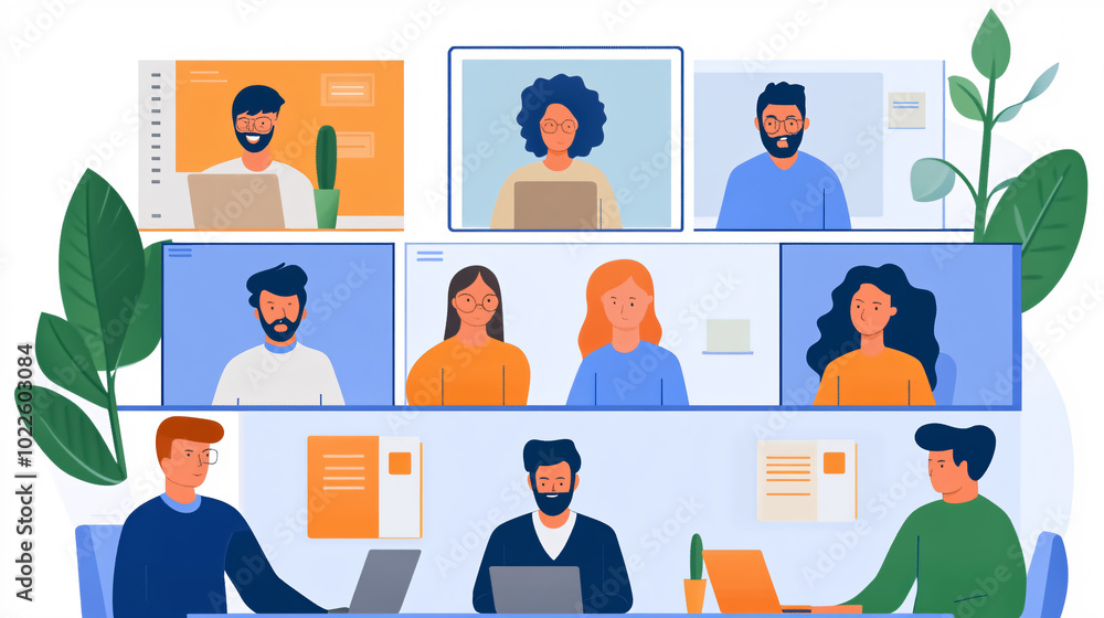 Video conference call screen showing several coworkers in a remote meeting. Video conference call screen showing several coworkers in a remote meeting.