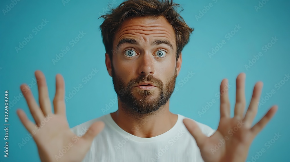 A man with a beard and blue eyes looks surprised, holding his hands out in front of him. A man with a beard and blue eyes looks surprised, holding his hands out in front of him.