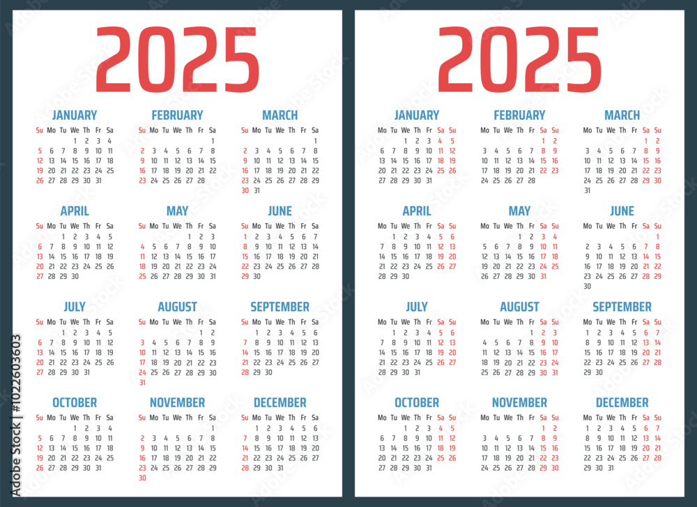calendar for 2025 starts sunday and monday, vector calendar design 2025 year calendar for 2025 starts sunday and monday, vector calendar design 2025 year