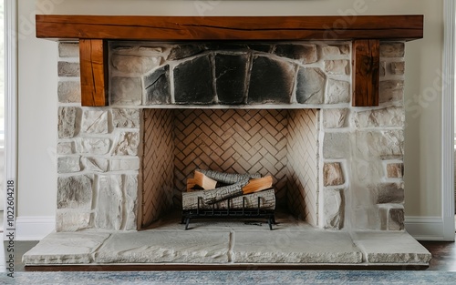 Cold stone fireplace with unlit raw wooden log