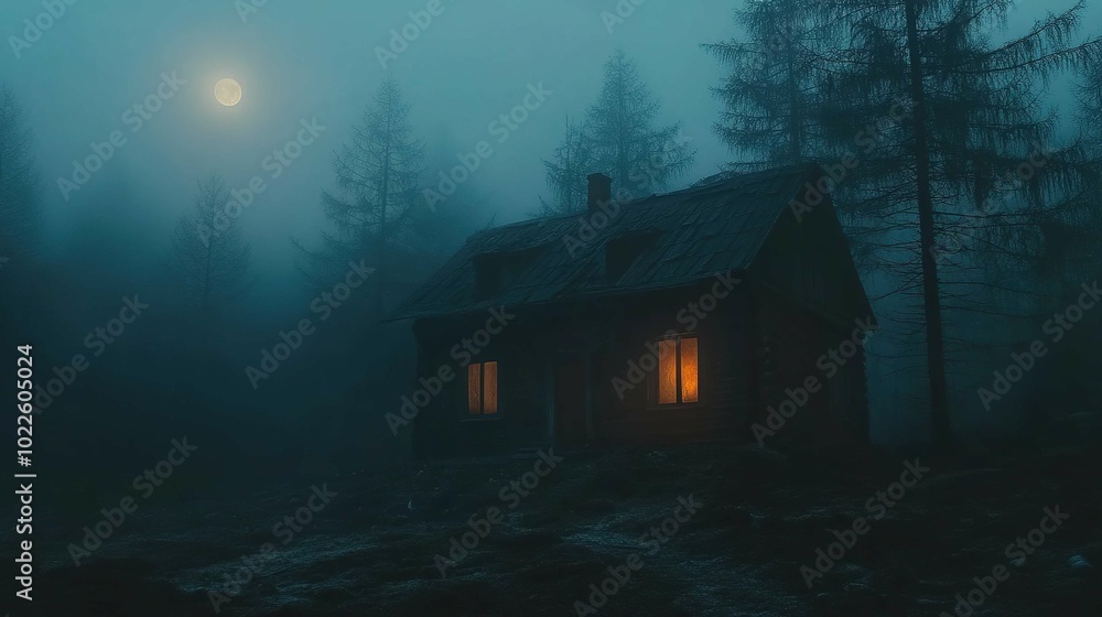 Old house with a Ghost in the forest at night or Abandoned Haunted Horror House in fog. Old mystic building in dead tree forest. Trees at night with moon. Surreal lights. Horror Halloween concept Old house with a Ghost in the forest at night or Abandoned Haunted Horror House in fog. Old mystic building in dead tree forest. Trees at night with moon. Surreal lights. Horror Halloween concept