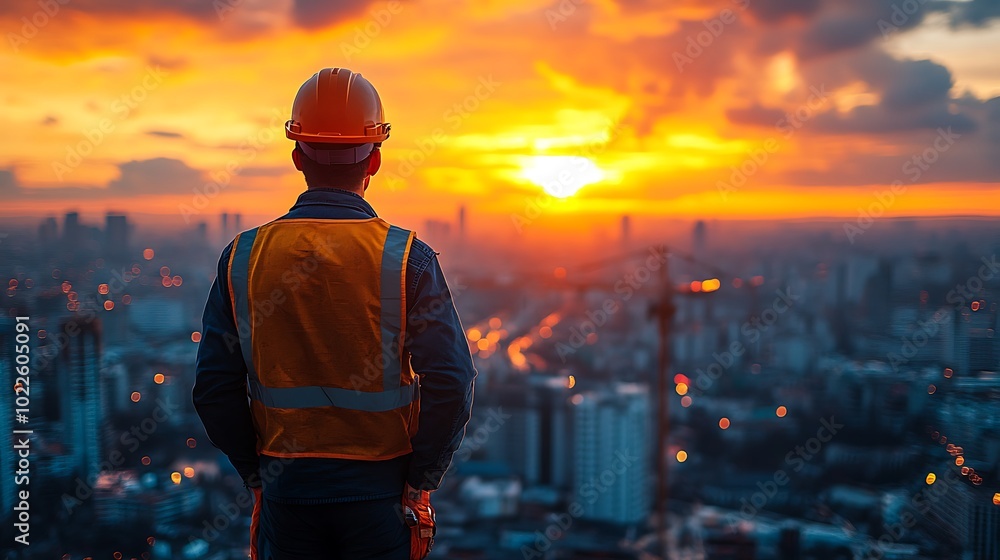 Fototapeta premium Construction worker in hard hat looks out over a cityscape at sunset.