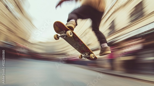 skateboarder doing a trick mid-air, motion blur surrounding the street scene 
