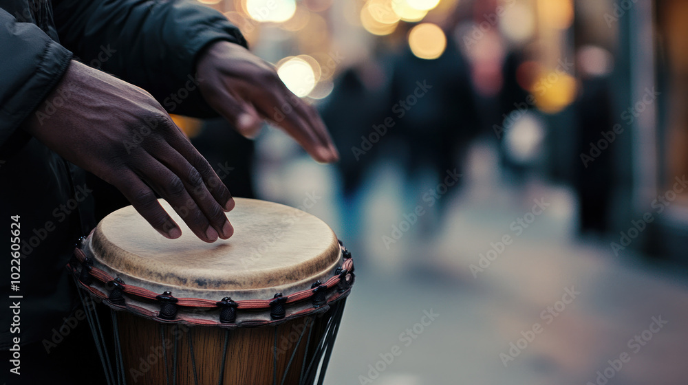 Obraz premium man’s hand playing a bongo drum on the sidewalk, with soft focus on his hand and the drum while the surrounding street scene fades into a blur