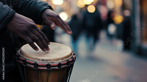 Wallpaper Mural man’s hand playing a bongo drum on the sidewalk, with soft focus on his hand and the drum while the surrounding street scene fades into a blur Torontodigital.ca