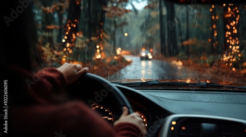 Driving through a rainy, illuminated forest road creates a cozy, autumnal atmosphere, AI