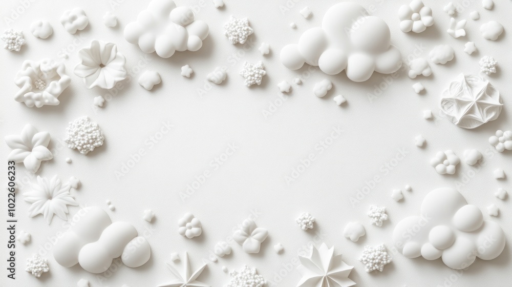A minimalist arrangement of white clouds and floral shapes on a light background. A minimalist arrangement of white clouds and floral shapes on a light background.