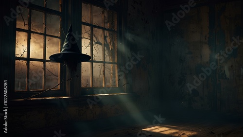 Witch's Hat and Broomstick by a Cracked Window: Eerie Shadows in a Dark, Haunted Room photo