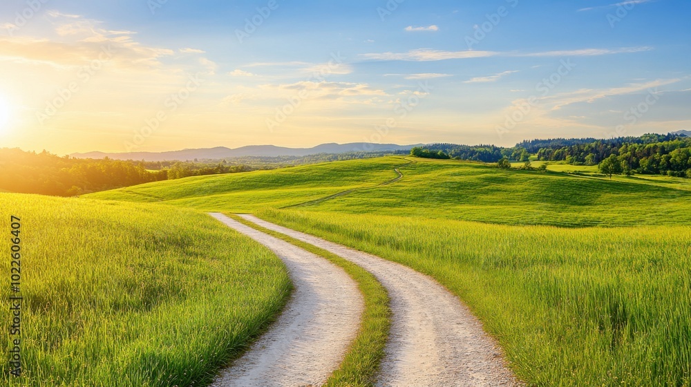 Fototapeta premium Winding countryside road through verdant fields under a sunny sky. Fresh grass and green concept.