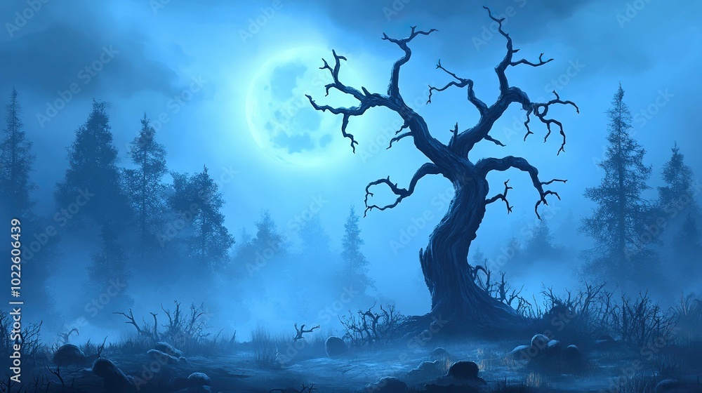 Silhouette of scary Halloween tree on dark foggy toned background with moon on back side. Scary horror winter dead forest at night Silhouette of scary Halloween tree on dark foggy toned background with moon on back side. Scary horror winter dead forest at night