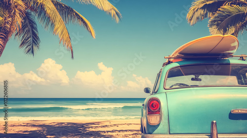 Vintage Car Parked on the Tropical Beach (Seaside) with a Surfboard on the Roof - Leisure Trip in the Summer. Retro Color Effect: A nostalgic scene of a vintage car with a surfboard 