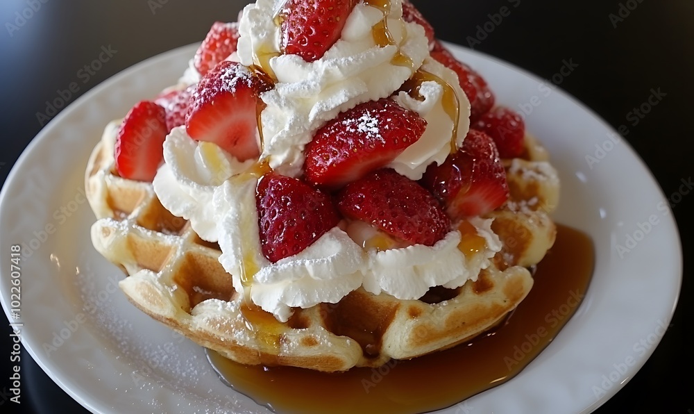 Layered waffles with strawberries and whipped cream, Generative AI