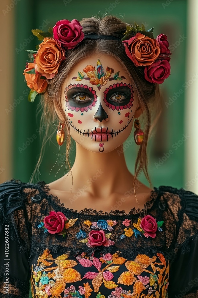 During the Day of the Dead celebration, a woman showcases beautifully detailed face paint adorned with flowers, embracing traditional culture and vibrant aesthetics During the Day of the Dead celebration, a woman showcases beautifully detailed face paint adorned with flowers, embracing traditional culture and vibrant aesthetics