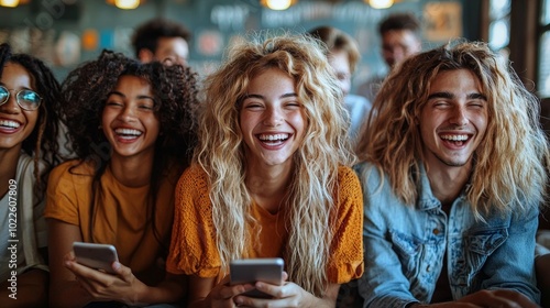 A group of young people laughing together, enjoying a fun moment with their phones.