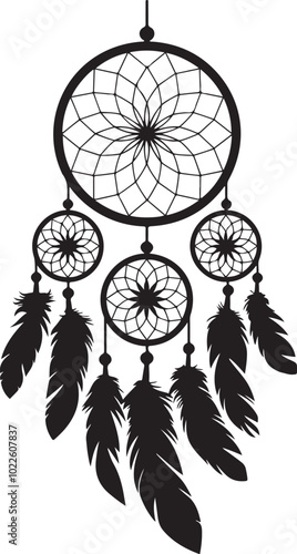 Black Dreamcatcher Silhouette with Flowing Feathers and Web for Bohemian and Spiritual Designs, Dream catcher vector, Dream catcher