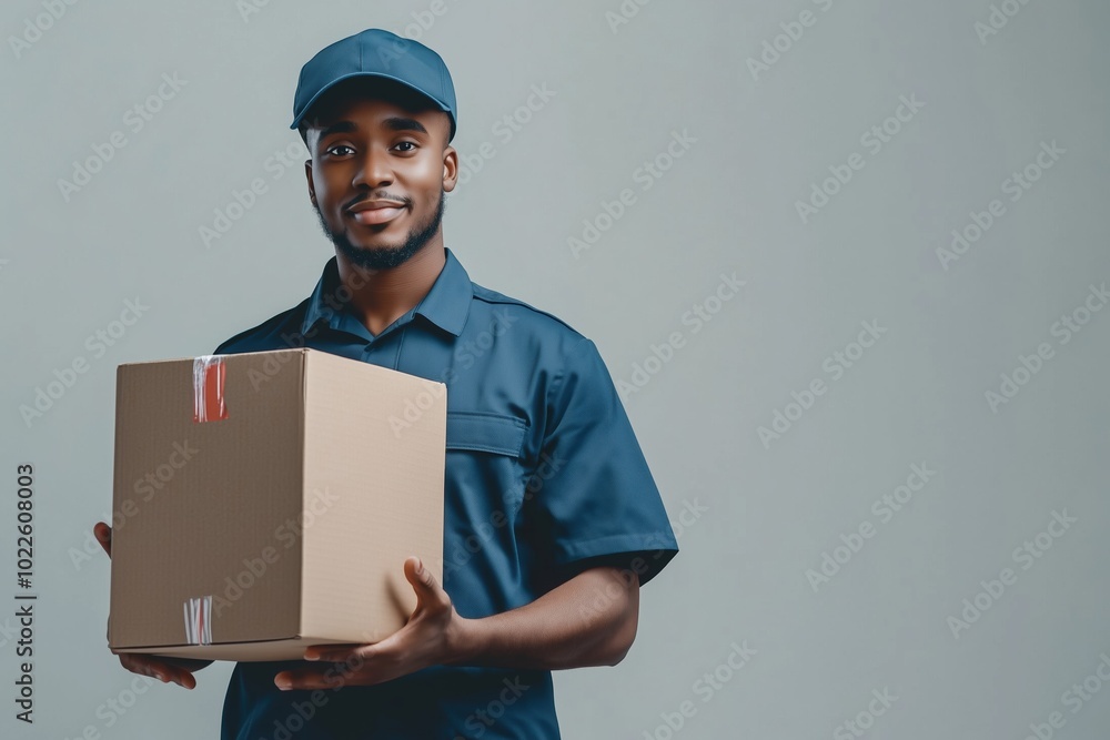 Delivery person presenting a package in a studio setting during the daytime Delivery person presenting a package in a studio setting during the daytime