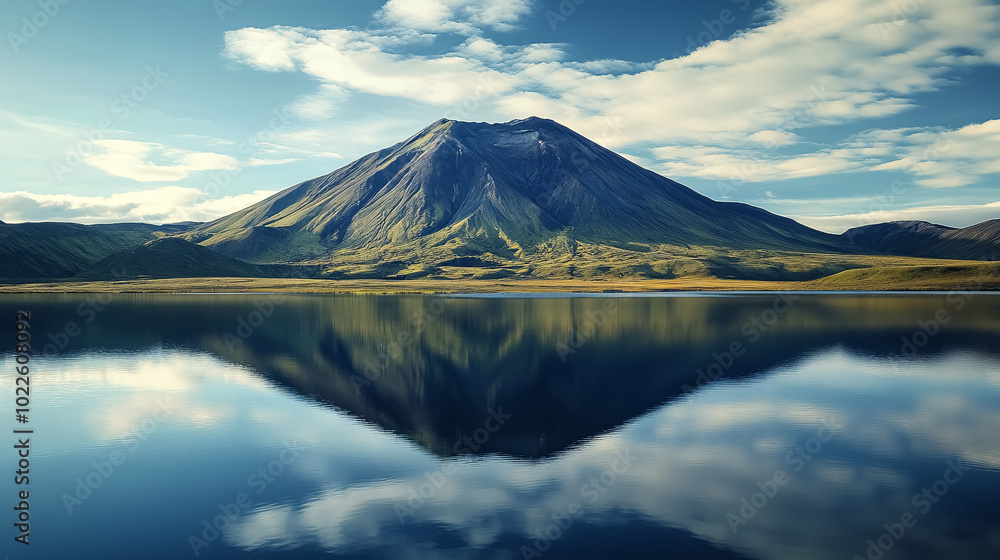 Volcanic Mountain in Morning Light Reflected in Calm Waters of Lake: A serene view of a volcanic mountain bathed in the soft morning light, reflected in the calm waters of a nearby lake. Volcanic Mountain in Morning Light Reflected in Calm Waters of Lake: A serene view of a volcanic mountain bathed in the soft morning light, reflected in the calm waters of a nearby lake.