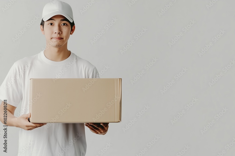 Young man in white shirt and cap holding a cardboard box in a neutral setting Young man in white shirt and cap holding a cardboard box in a neutral setting