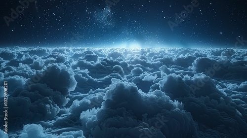 A starry sky above a vast expanse of fluffy clouds