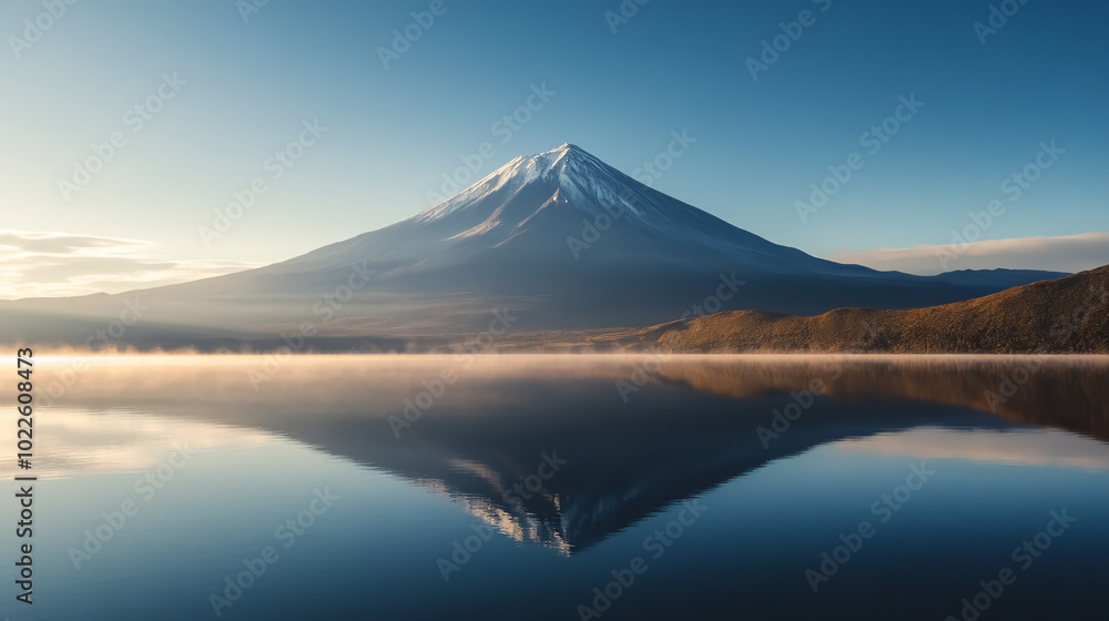Volcanic Mountain in Morning Light Reflected in Calm Waters of Lake: A serene view of a volcanic mountain bathed in the soft morning light, reflected in the calm waters of a nearby lake. Volcanic Mountain in Morning Light Reflected in Calm Waters of Lake: A serene view of a volcanic mountain bathed in the soft morning light, reflected in the calm waters of a nearby lake.