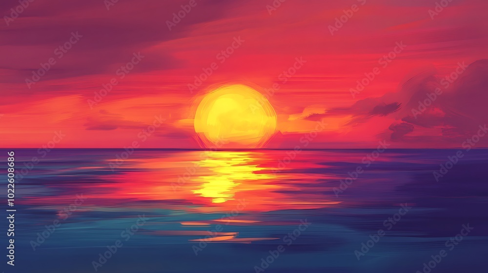 Sunset in horizon landscape painting with combination of warm red, orange and yellow colors with sea water in foreground Sunset in horizon landscape painting with combination of warm red, orange and yellow colors with sea water in foreground