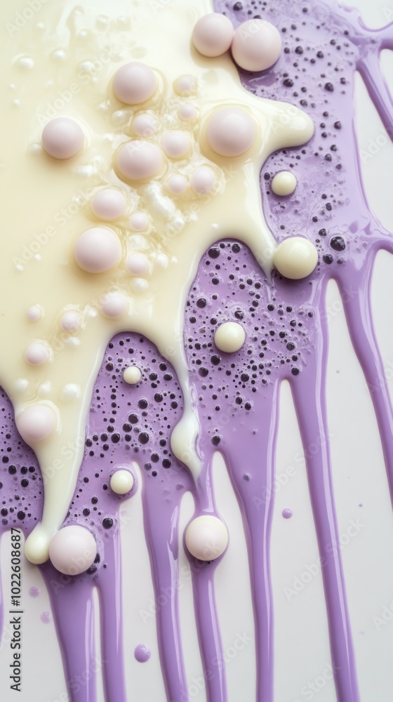 A colorful, abstract composition of creamy textures and bubbles in shades of purple and white.