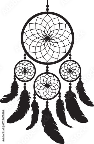 Black Dreamcatcher Silhouette with Flowing Feathers and Web for Bohemian and Spiritual Designs, Dream catcher vector, Dream catcher