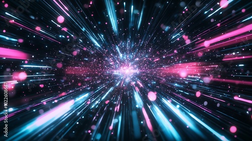 Blue and pink burst of bright laser beams abstract background, colorful illustration on black background