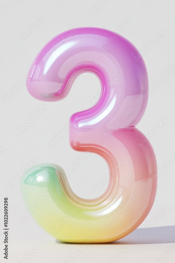 In a playful 3D style front view, the number 3 with smooth rounded edges and bright pastel colors, evoking fun and learning, suitable for childrens educational tools. In a playful 3D style front view, the number 3 with smooth rounded edges and bright pastel colors, evoking fun and learning, suitable for childrens educational tools.