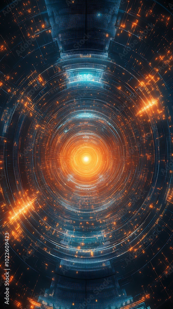 Obraz premium Spherical futuristic digital design of orange and blue wallpaper glowing, 3d render abstract background