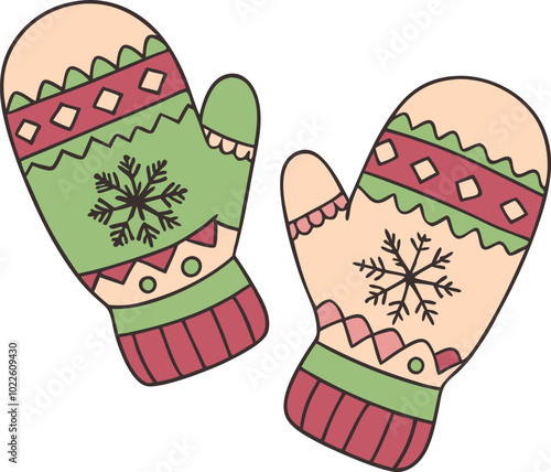 Festive winter mittens with snowflake patterns in flat style