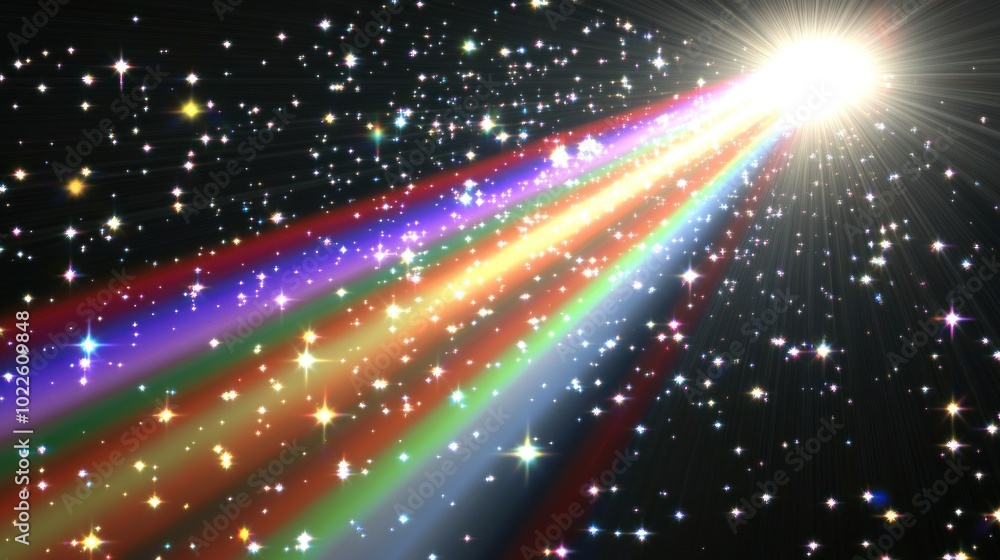 A vibrant cosmic scene featuring colorful light beams and sparkling stars in a dark space background. A vibrant cosmic scene featuring colorful light beams and sparkling stars in a dark space background.