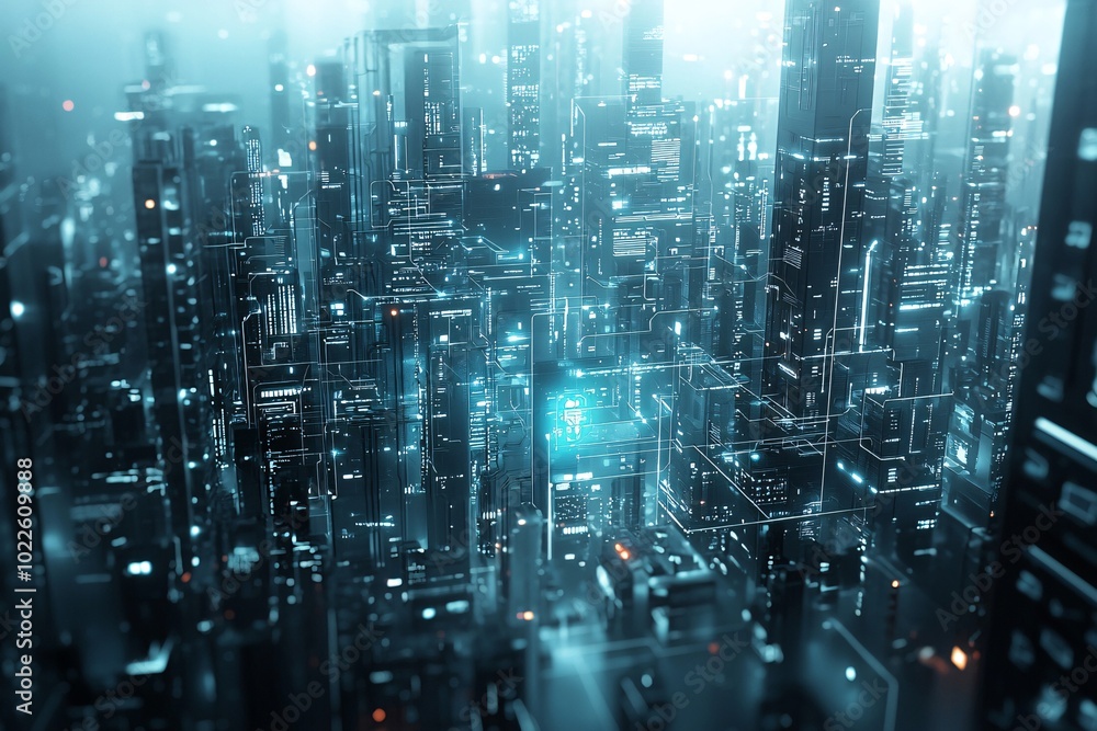 Obraz premium 27. Advanced AI metropolis, digital integration, futuristic technology, holographic networks