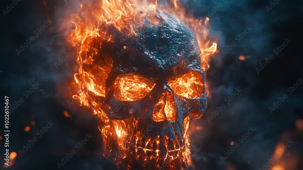A human skull engulfed in flames with glowing eyes against a dark background. A human skull engulfed in flames with glowing eyes against a dark background.