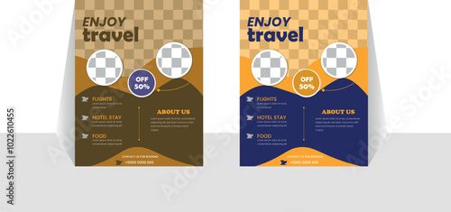 Travel flyer template design with contact and venue details. Summer travel agency promotion template design