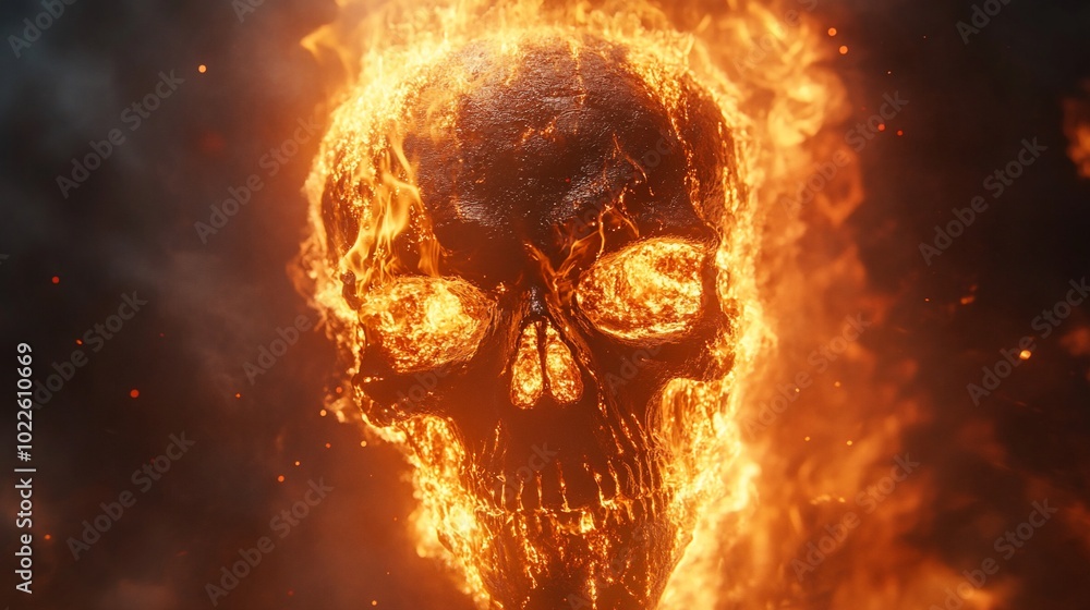 A human skull engulfed in flames, a symbolic image of death and destruction. A human skull engulfed in flames, a symbolic image of death and destruction.