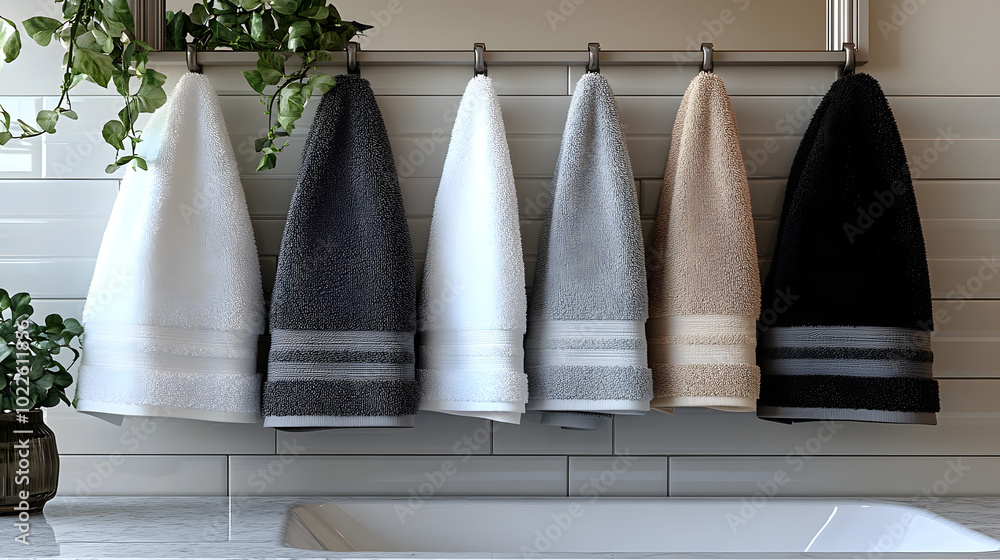 A striking arrangement of five towels hanging on a wall, showcasing a modern design with a black, grey, and white color palette. Each towel displays a unique texture and pattern, enhancing the aesthet A striking arrangement of five towels hanging on a wall, showcasing a modern design with a black, grey, and white color palette. Each towel displays a unique texture and pattern, enhancing the aesthet