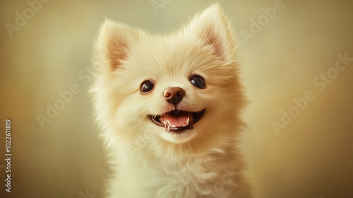 A white puppy with a big, joyful smile, capturing its playful and endearing personality.