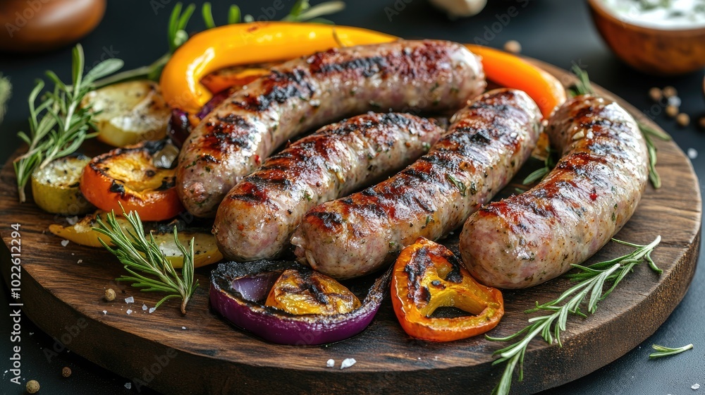Grilled sausages on a wooden board. Perfect for advertising a barbecue, summer food, or grilling recipes. Grilled sausages on a wooden board. Perfect for advertising a barbecue, summer food, or grilling recipes.
