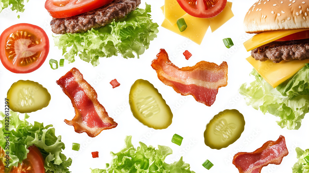 delicious burger with floating ingredients on a white background delicious burger with floating ingredients on a white background
